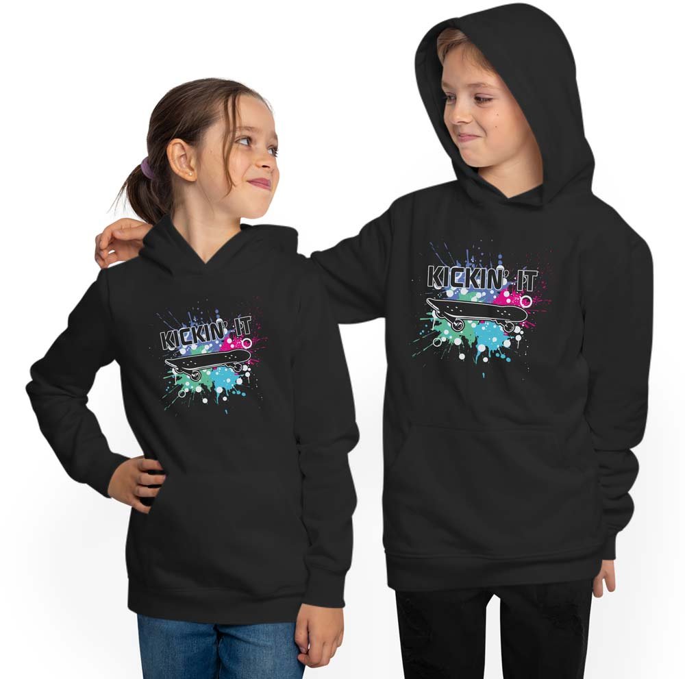 Kids Skater Hoodie Hooded Sweater - Skateboard with Kickin it print i529